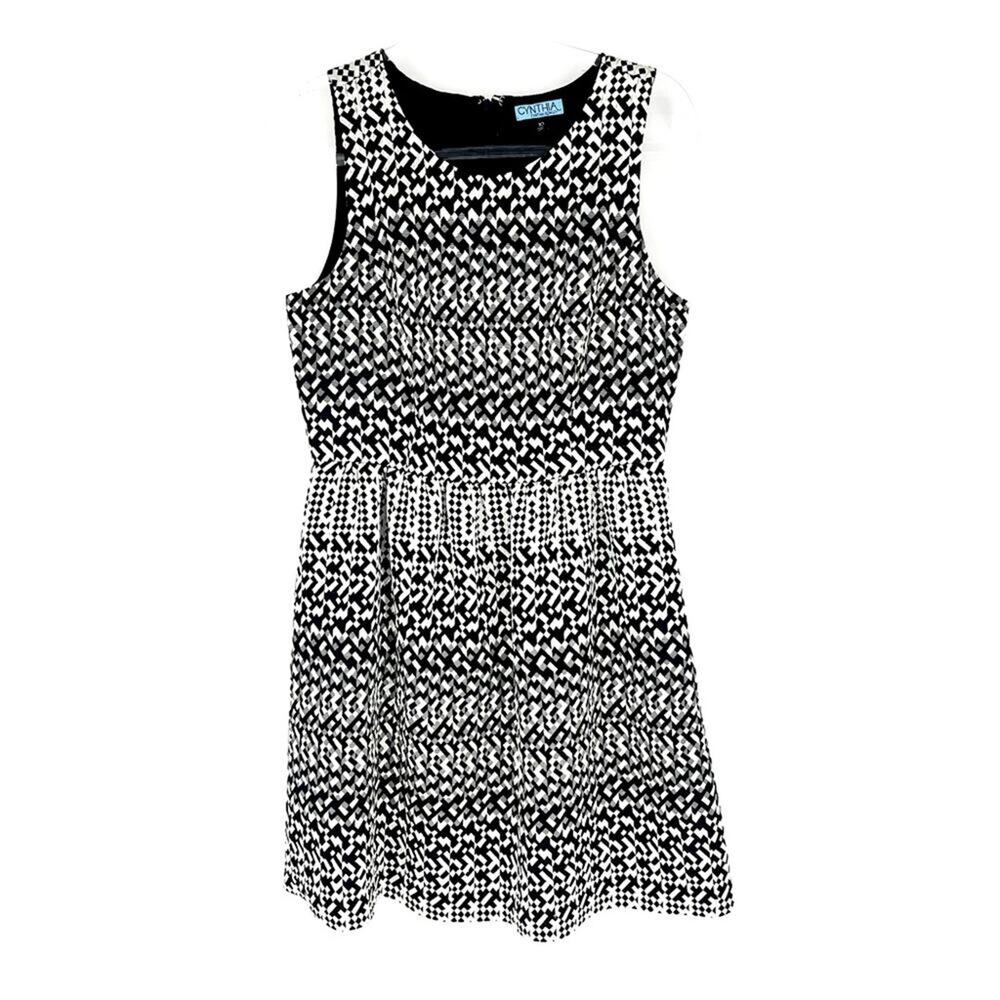 Cynthia Rowley Metallic Geo‎ Pattern Fit and Flare Dress Black, White Silver 10